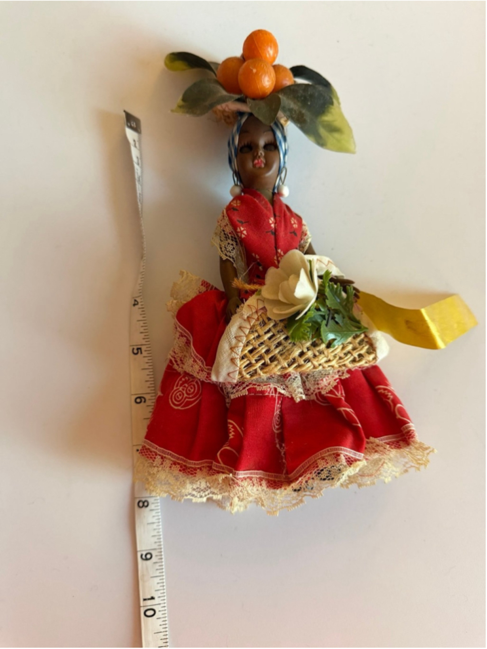 Vintage Hong Kong Caribbean Market Woman Souvenir Doll 8” Fruit Hat
